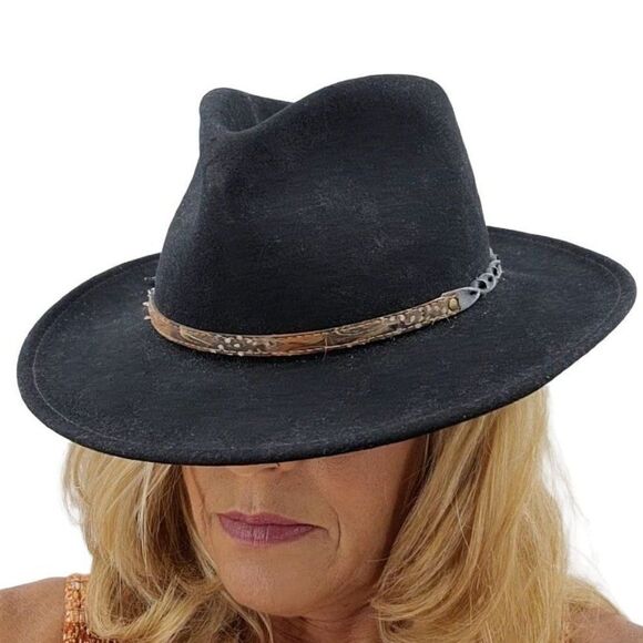 Vtg Womens Golden Gate Hat Jaguar Cowboy Wool Braided Leather Feather Band Blk M - Picture 1 of 9